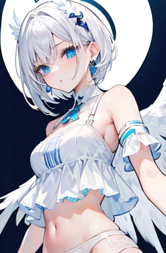 Anime, girl, teenage, short hair, white hair, plae blue eyes, cool, earrings, wearing a white lace underwear,, cute, angel wings and halo ring,