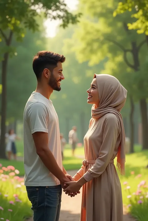 /imagine prompt : A tanned boy with short hair without a mustache and beard holding hands with a beautiful white woman wearing a hijab. They laughed happily in the park