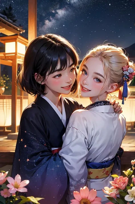 On a starry night, two beautiful girls in kimonos are looking at each other, smiling and having fun with their faces close together.