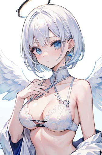 Anime, girl, teenage, short hair, white hair, plae blue eyes, cool, earrings, wearing a white lace underwear,, cute, angel wings and halo ring, medium boobs,