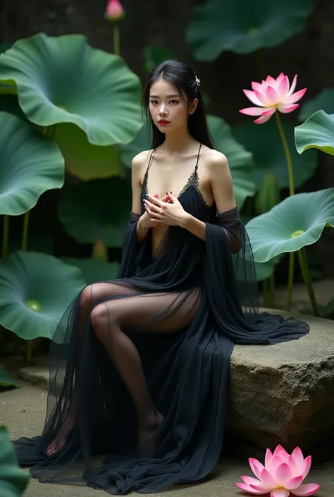 Ancient Chinese beauty sitting on a stone, holding her breast, wearing an ancient Chinese revealing costume, flowing black tulle, light silk, sensual pose, large lotus leaves, lotus flowers, clean dramatic colors, decisive cutting, dark space, masterpiece,...