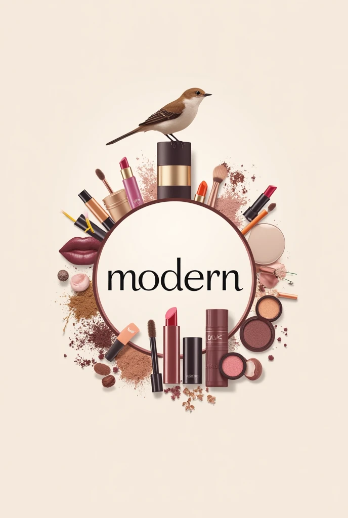 A logo for a beauty brand named "modern" with all the beauty products around it in a circle and a small bird on top