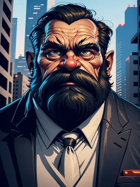 a portrait of an old man wearing a suit, upperbody, standing in a city background, (mwvector), vector, thick mustache, long bear...