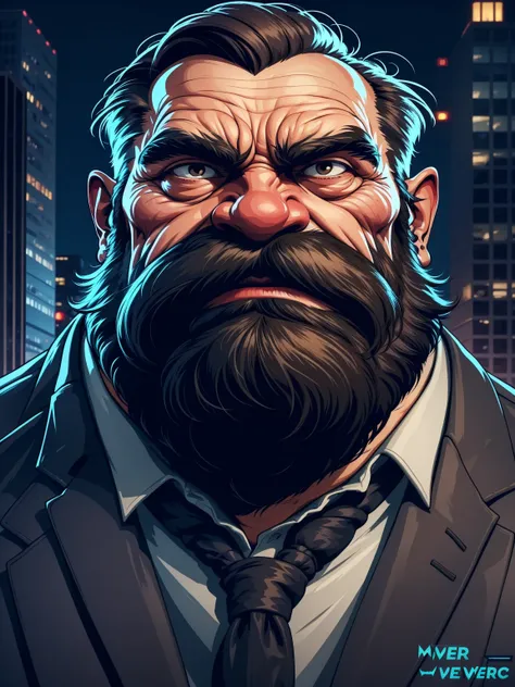 a portrait of an old man wearing a suit, upperbody, standing in a city background, (mwvector), vector, thick mustache, long bear...