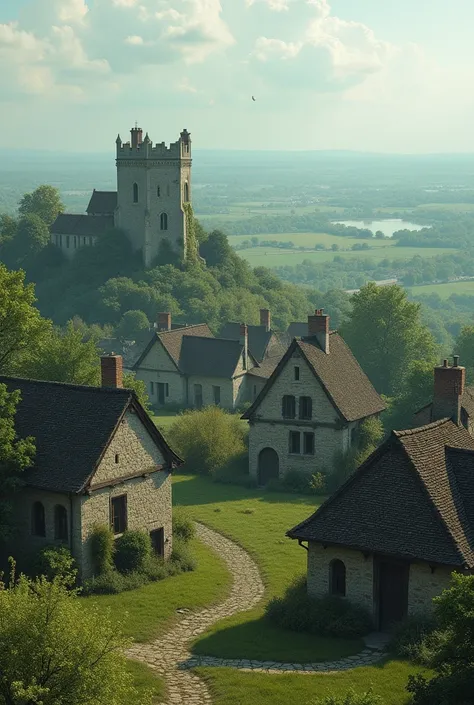 front view of a horizon with European vegetation and stone houses typical of medieval England. Houses need to be in a very distant view, but the details need to be slightly sharp. Some houses are a little destroyed, others very well preserved. In the middl...