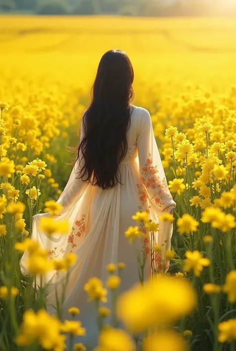 a Korean woman with Long hair, wearing long skirt, floral blanket in a field of Canola flowers, warm sun.