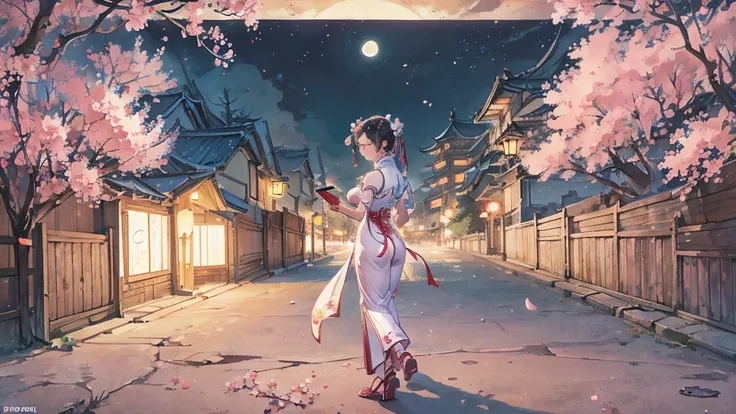 Street Fighter Chun-Li　anime　Cherry Blossoms at Night　Looking Back　moon　China dress　human　1 person 　Person big