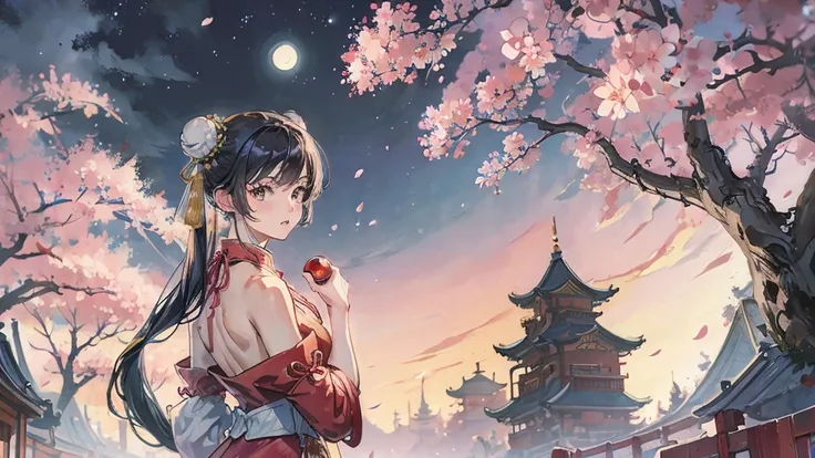 Street Fighter Chun-Li　anime　Cherry Blossoms at Night　Looking Back　moon　China dress　human　1 person 　Person big