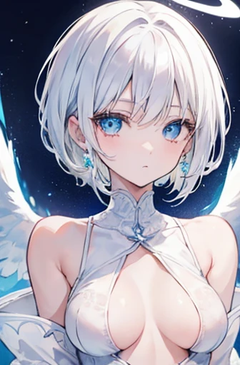 Anime, girl, teenage, short hair, white hair, plae blue eyes, cool, earrings, wearing a white lace underwear,, cute, angel wings and halo ring, medium boobs,