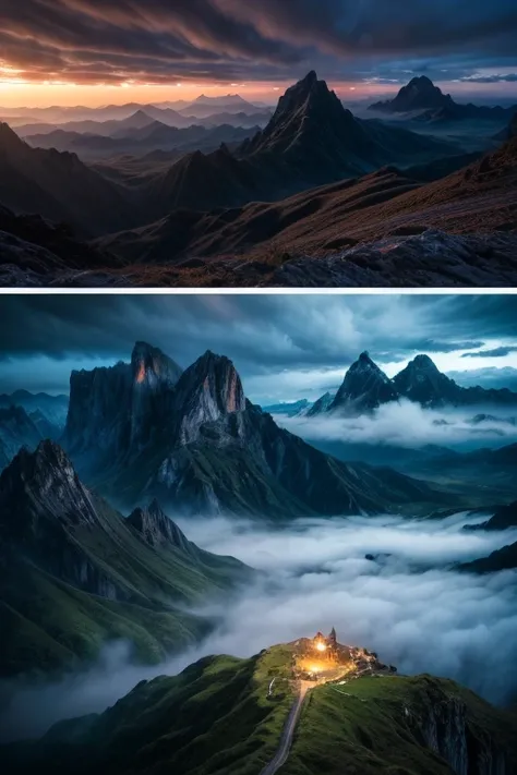 Calm and、Otherworldly landscapes、Towering Mountain々、Dramatic lighting、Ethereal atmosphere、Glowing fog、dramatic cloud、Vibrant colors、Amazing views、Mystical energy、Epic Scale、Majestic Landscape、Awe-inspiring beauty、写真のようにReal、Very detailed、8k、Cinematic light...