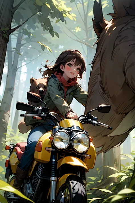 a girl in the forest rides a brown bear