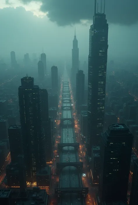 (photorealism:1.2), modern day dark fantasy city wide aerial shot 