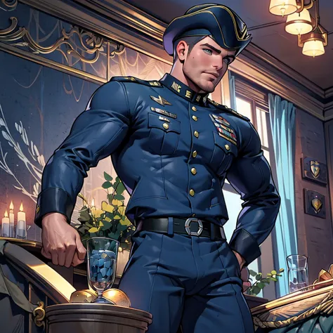 32k, high quality , detailed face , detailed hands , detailed muscles , (((stephen amell as a marine officer))) posing ,standing with spread legs, showing his muscles and bulge , wearing dark blue marine outfit , background a tavern ambiance full of men