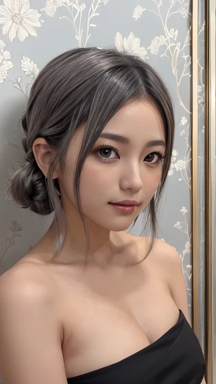 ((wallpaper 8k)), ((Surreal)), ((Quality in every detail:1.2)), 1 girl, １４talent、Kind eyes、Fuller lips、Grey Hair、Malaise、(((Small breasts、Small breasts)))、black elegant dress,Black capelet, look up, Widespread poverty, Shortcuts、Shorthair Twin Tails、Grey H...