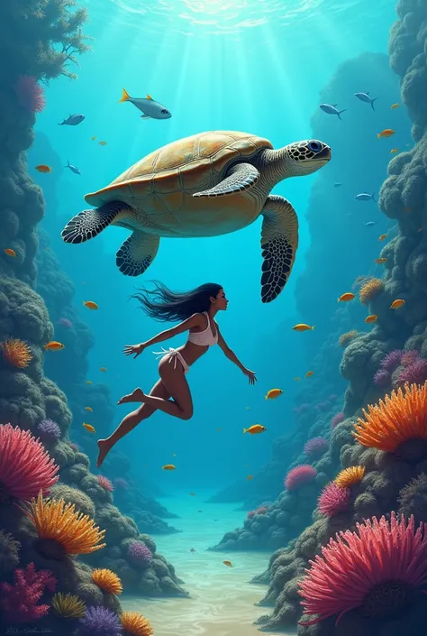 Create an illustration of a sea turtle on a reef with a woman swimming next to it.