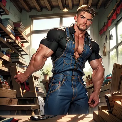 masterpiece, best quality, face, natural eyes, 1man, macho man,, muscled and mature, stephen amell as a carpenter wearing totally unbuttoned overall, sweating, tight cloth showing his muscles and bulge , full body , background wood workshop , woodwork of c...