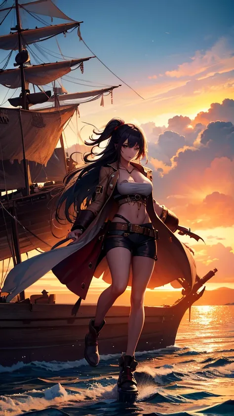 A female pirate in torn clothes stands on a pirate ship in the middle of the ocean, high resolution images 4K,Ultra quality, shadow light