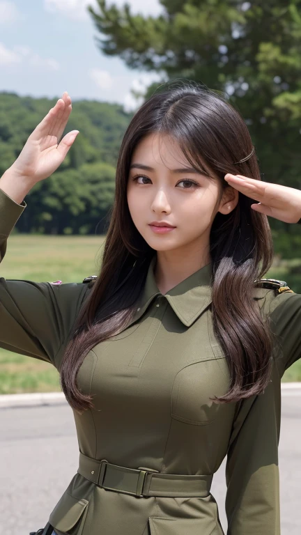 8hair, Highest quality, Super detailed:1.37), Eliana, ((20 years)), Beautiful Korean Girls, ((Standing proudly in his yellow military uniform)), represents her role as a soldier. She is wearing a tight fitting yellow dress. 高解像度の画像はSuper detailedなリアリズムを捉えま...