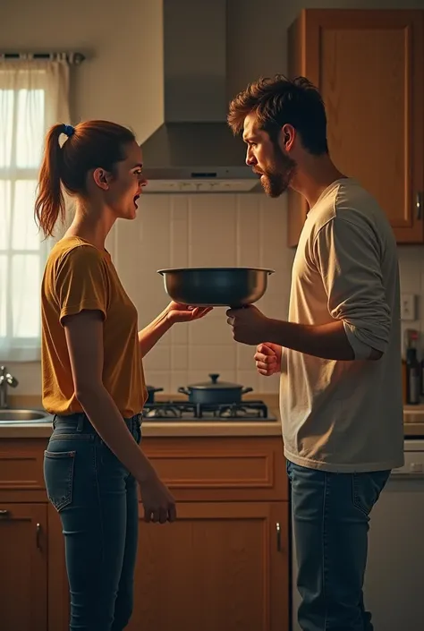 Domestic and angry Fight between young
husband and wife with kichen pan 