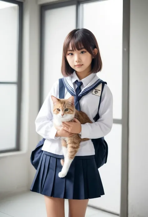 real photo. cool stylish Japanese girl. school uniform with a cat. White background, hazy atmosphere. Realistic.