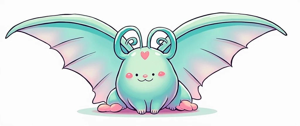 Color palette: Pastel pink, mint green, and lavender.
Wings: Geometric triangles with a gradient from pink to lavender.
Body: A soft pink with a small heart shape.
Antennae: Delicate, curly antennae in mint green.
Details: A tiny, smiling face in pink.