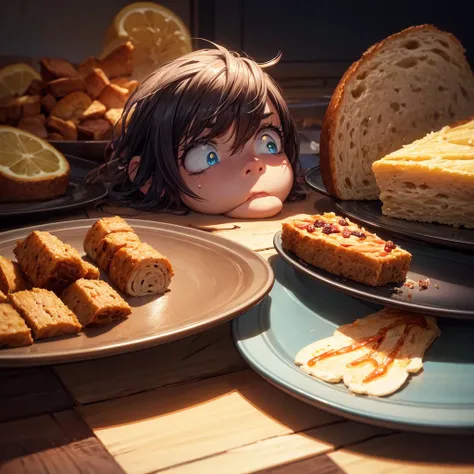 a sad-looking cartoon character,an empty plate in front of them,eyeing a delicious spread of food they cant have,extremely detailed,photorealistic,high quality,8k,cinematic lighting,vibrant colors,dramatic shadows,compelling composition,emotional expressio...