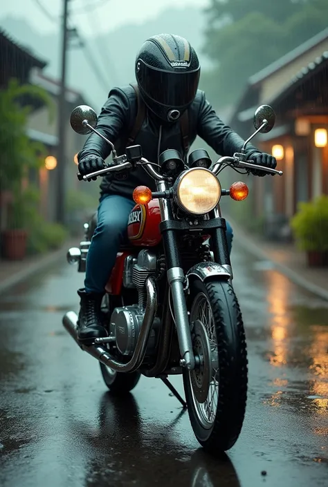 Gt 650bike in village on rainy day