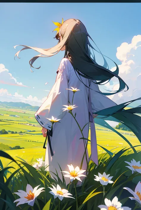 One girl, Long Hair, Back view、grassland　flower　null