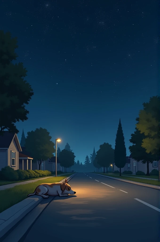 Image 1: Max on the Road
A small, skinny dog ​​lies on the side of the road in a quiet neighborhood. Max looks up at the starry night sky with dreamy eyes, dreaming of faraway adventures.