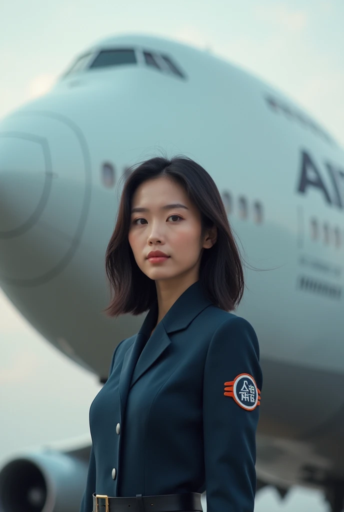 beautiful asian woman wearing a fastRX cargo uniform, posing in front of airplane with a big  fastRX cargo logo, hd quality,  bokeh, 