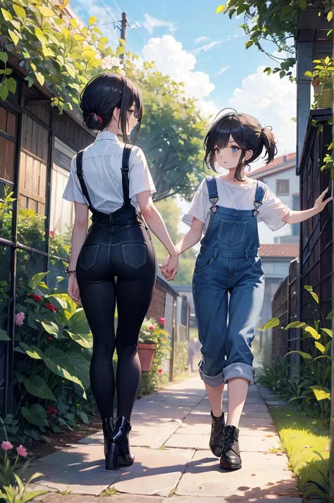 (masterpiece), 4K,{{{2 women}}}, Lesbian，shoes，,Random Hairstyles,((Lesbian )),Shooting from afar,During farm work,Overalls,camisole,garden