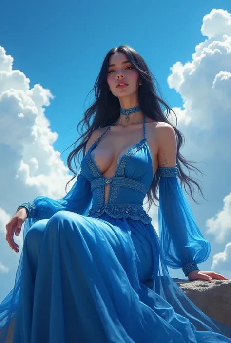 Majestic queen woman sky blue sitting color big breast black hair