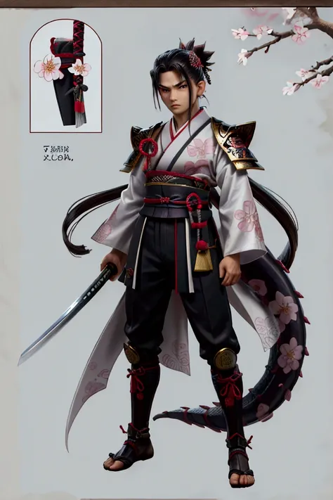 A male samurai with an intense expression, standing in a defensive stance with his katana raised diagonally across his body. He is wearing ornate armor with intricate dragon patterns, with cherry blossom petals swirling around him in a gust of wind.  12yo ...