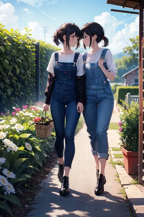 (masterpiece), 4K,{{{2 women}}}, Lesbian，shoes，,Random Hairstyles,((Lesbian )),Shooting from afar,During farm work,Overalls,camisole,garden