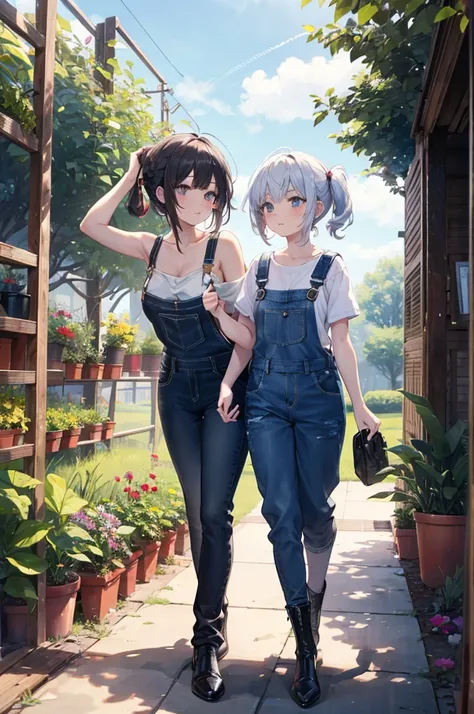 (masterpiece), 4K,{{{2 women}}}, Lesbian，shoes，,Random Hairstyles,((Lesbian )),Shooting from afar,During farm work,Overalls,camisole,garden