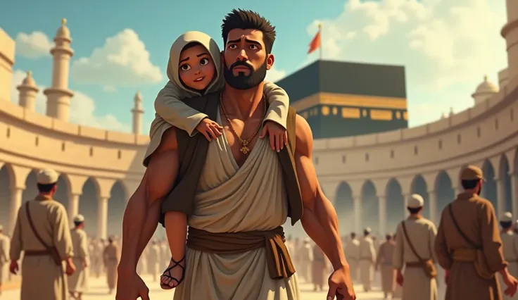 Animated image of a young Muslim man standing tall with a large body carrying his very old mother behind him to the Kaaba. 
