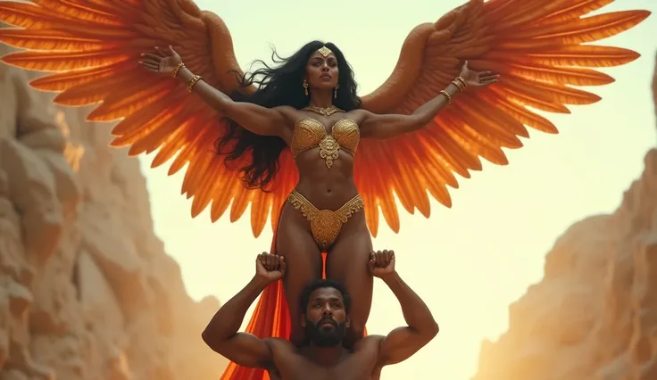 a woman with Indian super hero shaktiman costume wearing and huge breasts is standing on a mans shoulders, reddit, massurrealism, giant stunning goddess shot, exaggeratedly large physique, super wide angel, feminine and muscular, extreme muscles, massive w...