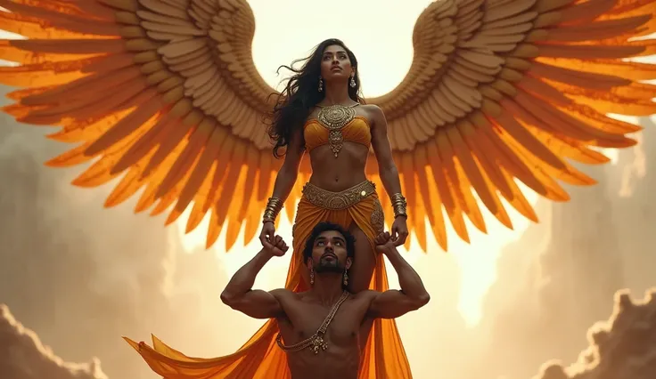 a woman with Indian super hero shaktiman costume wearing and huge breasts is standing on a mans shoulders, reddit, massurrealism, giant stunning goddess shot, exaggeratedly large physique, super wide angel, feminine and muscular, extreme muscles, massive w...