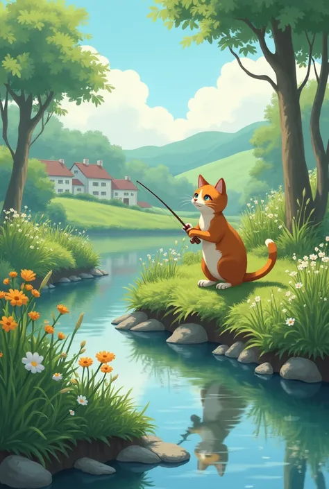 Cat fishing on the riverbank, Ghibli