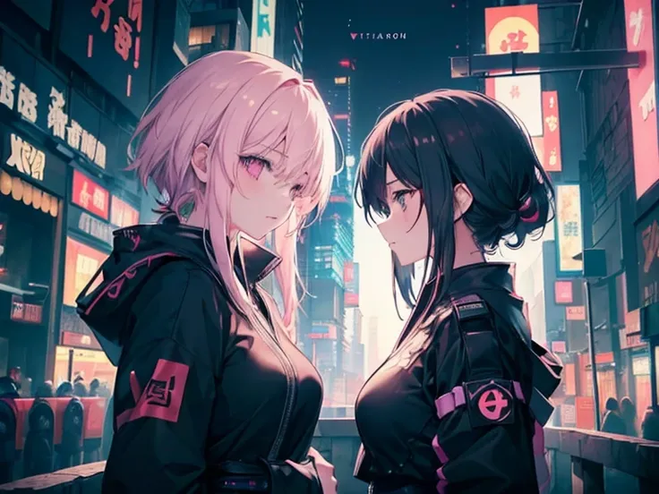 ((2girl,yuri),female ninja,princess),(manga,text),Very detailed,High resolution,4K,8k,masterpiece,High resolution,(Late Night,long shot,Cyberpunk cityscape,Vibrant neon glow),gazed at each other