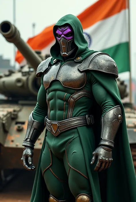 Robert Downey junior in Dr doom with army tank and Indian flag 