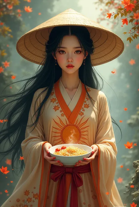 Black-haired girl, wearing a conical hat on her back, , wearing a sun-moon shirt, holding vermicelli noodles and shrimp paste in her hands.