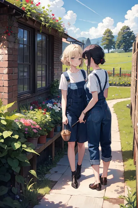 (masterpiece), 4K,{{{2 women}}}, Lesbian，shoes，,Random Hairstyles,((Lesbian )),Shooting from afar,During farm work,Overalls,camisole,garden,apron,field