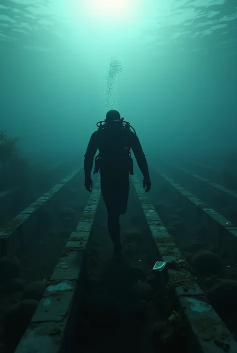 Artistic photograph of a diver in the mass grave 