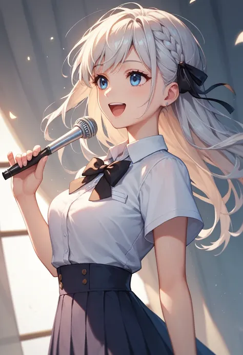 Masterpiece, best quality,  a girl with white hair, blue eyes, beautifully smiling,  modern high school student, cute, on the stage, summer, singing, looking forward,  straight hair, black ribbon on left hair, school suits, dancing