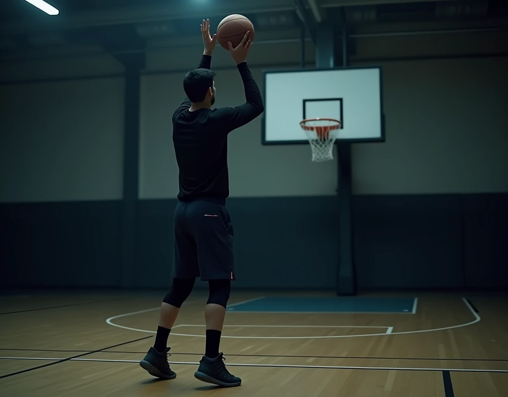 asian man practices shooting basketball alone in the gym. wearing a black shirt Wear navy blue pants Wearing black socks, wearing Kobe Protro 5