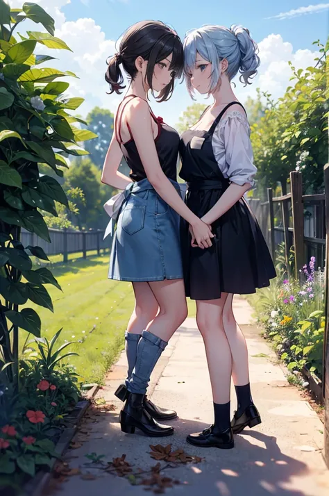 (masterpiece), 4K,{{{2 women}}}, Lesbian，shoes，,Random Hairstyles,((Lesbian )),Shooting from afar,During farm work,denim mini,camisole,garden,apron,field