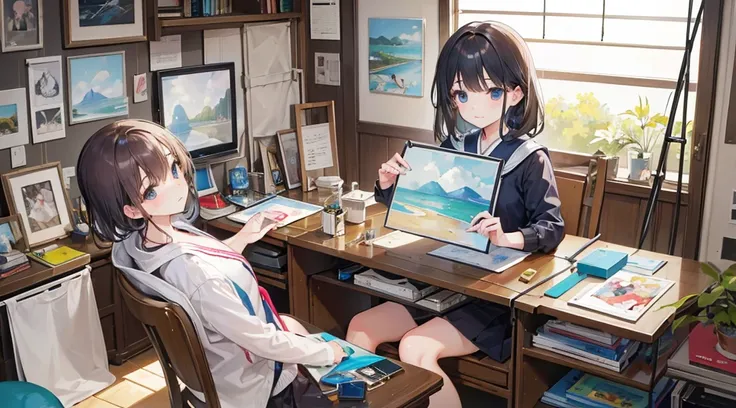 A professional illustrator girl sits at her desk、A picture being painted seriously