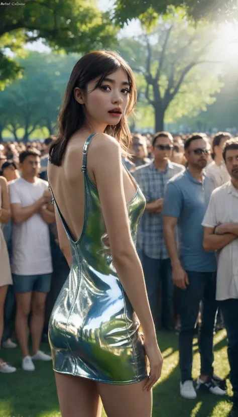 masterpiece, realistic, best quality, absurdres, god ray, reflex, 
 1girl, wearing see-trough mini dress, seductive, standing in front of crowd man in the park.