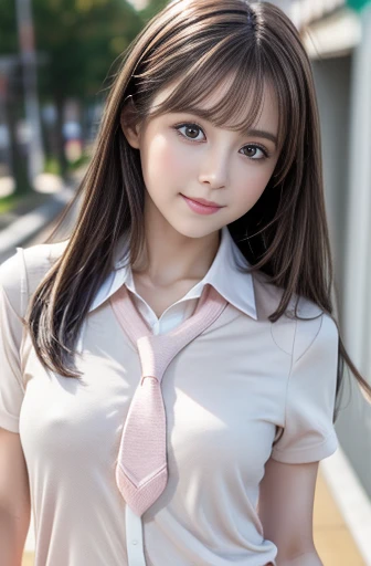 {{1 female, white}}, View your audience, Hazel Eyes, Ultra-high resolution,Very detailed, Brown Hair, Pink clothes,uniform, high school girl, Soft skin texture,Soft and sexy lips, Happy, 最high quality, high quality, Very detailed 8K生写真:1.5, whole body